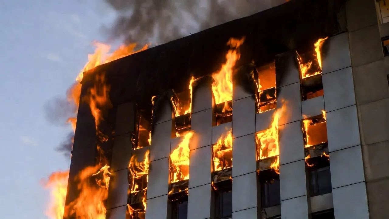 Fire spreading across the façade of a high-rise building