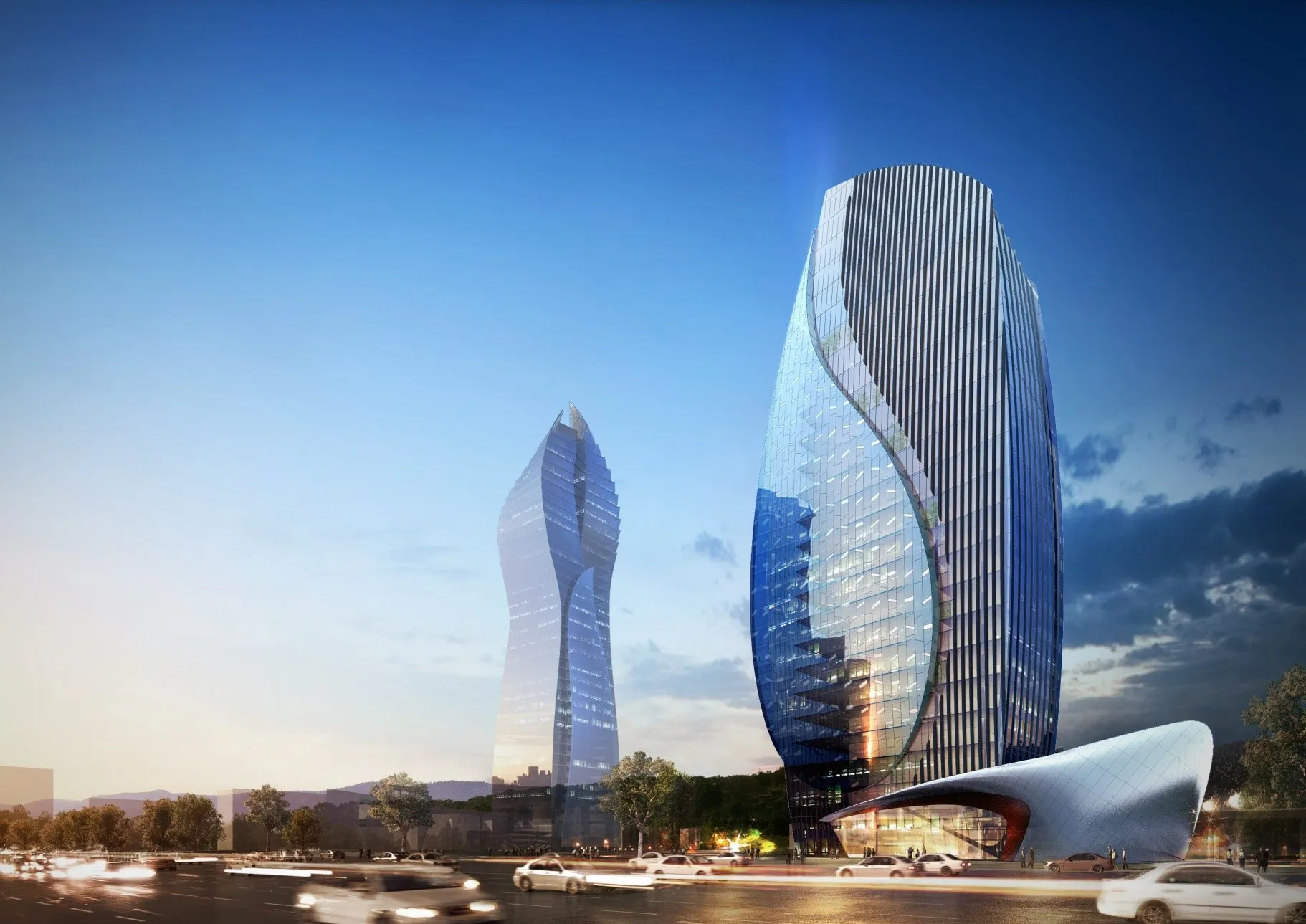 Architectural render of two glass office towers in Baku at dusk, specified for iku® Windows
