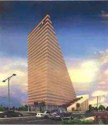 Architectural render of Qatar General Electricity and Water Corporation headquarters, Doha