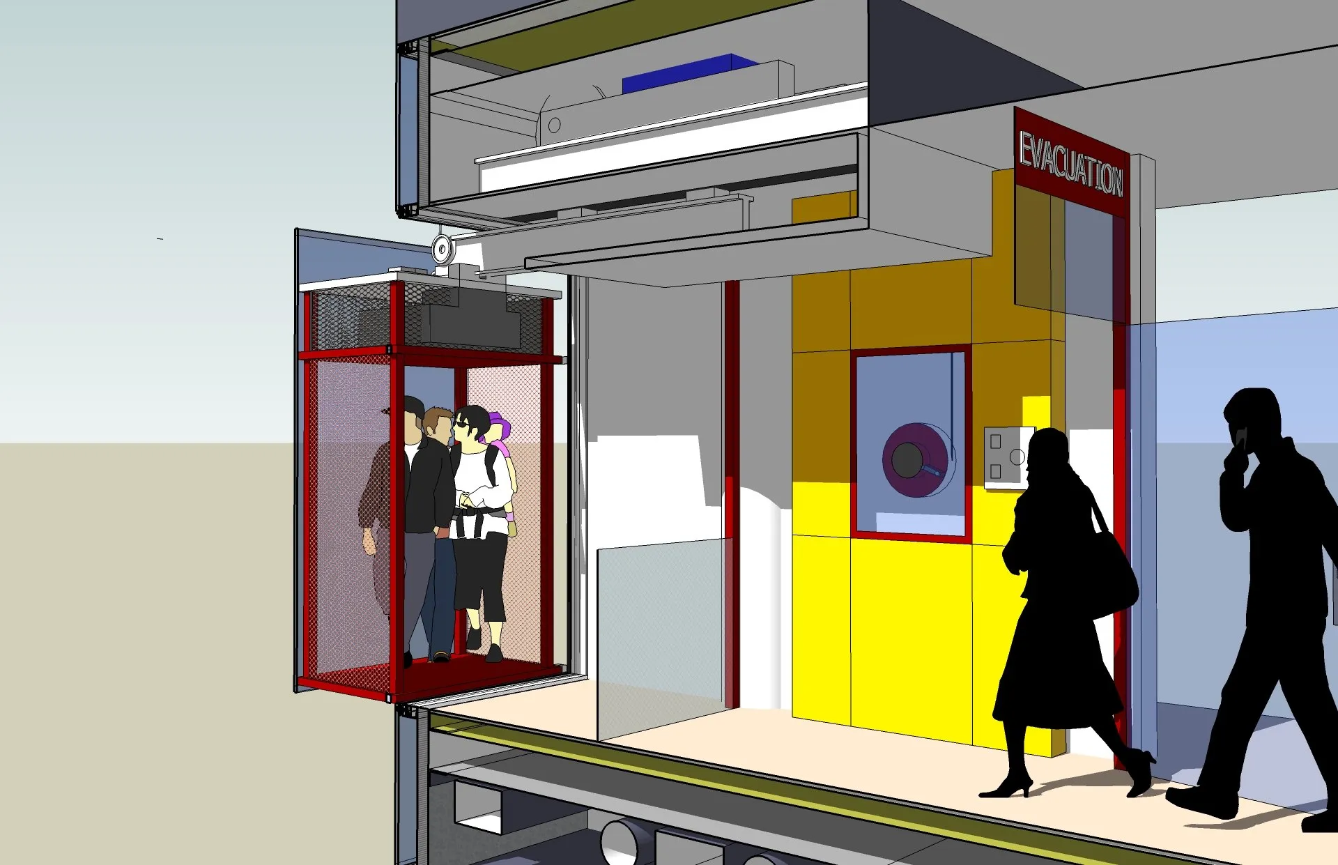Concept illustration of an evacuation cabin running on the façade rail system