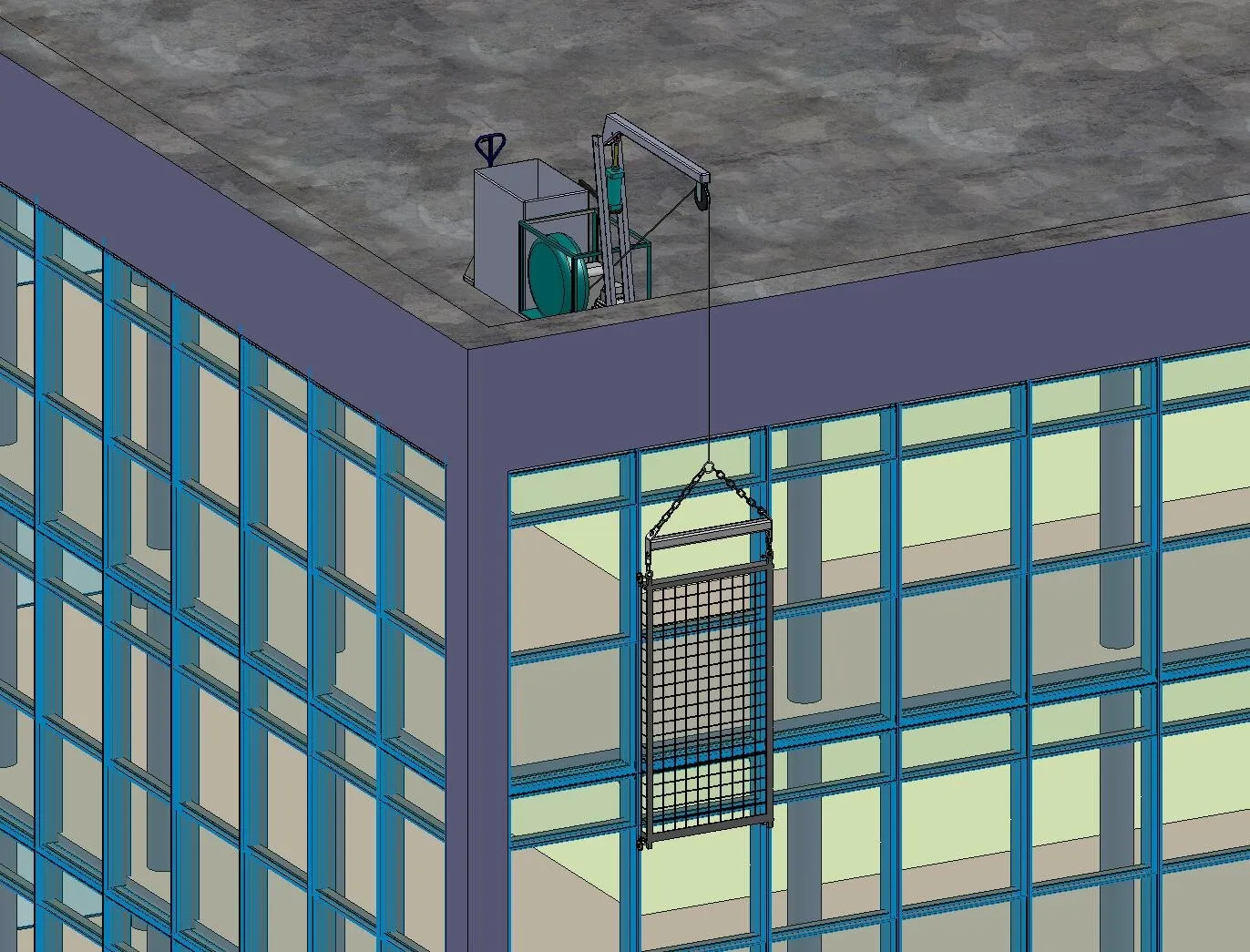 Render of the flexible façade maintenance unit lowering a glass panel down the façade rails